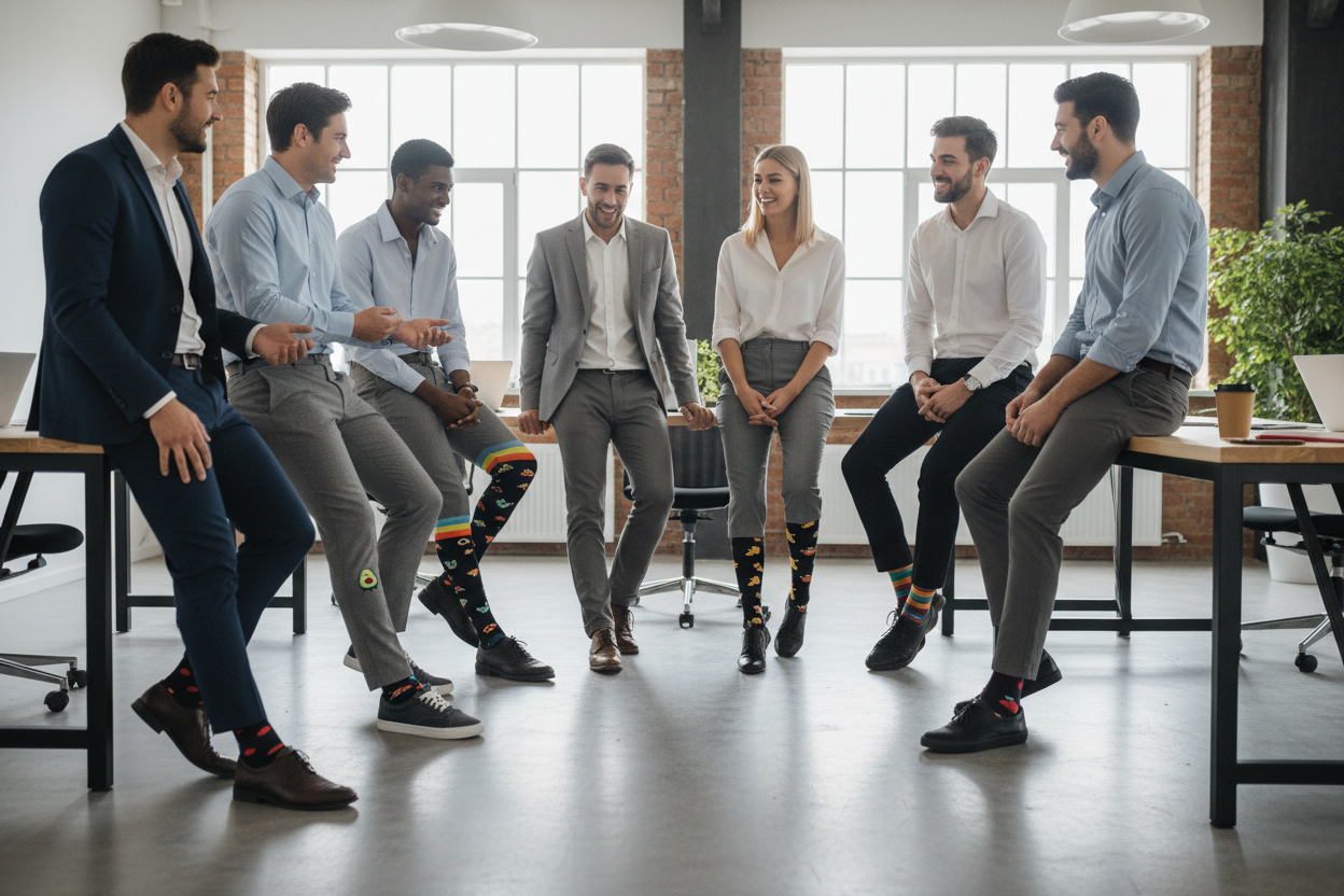 Young guys and girls, professionals and waring funny socs 